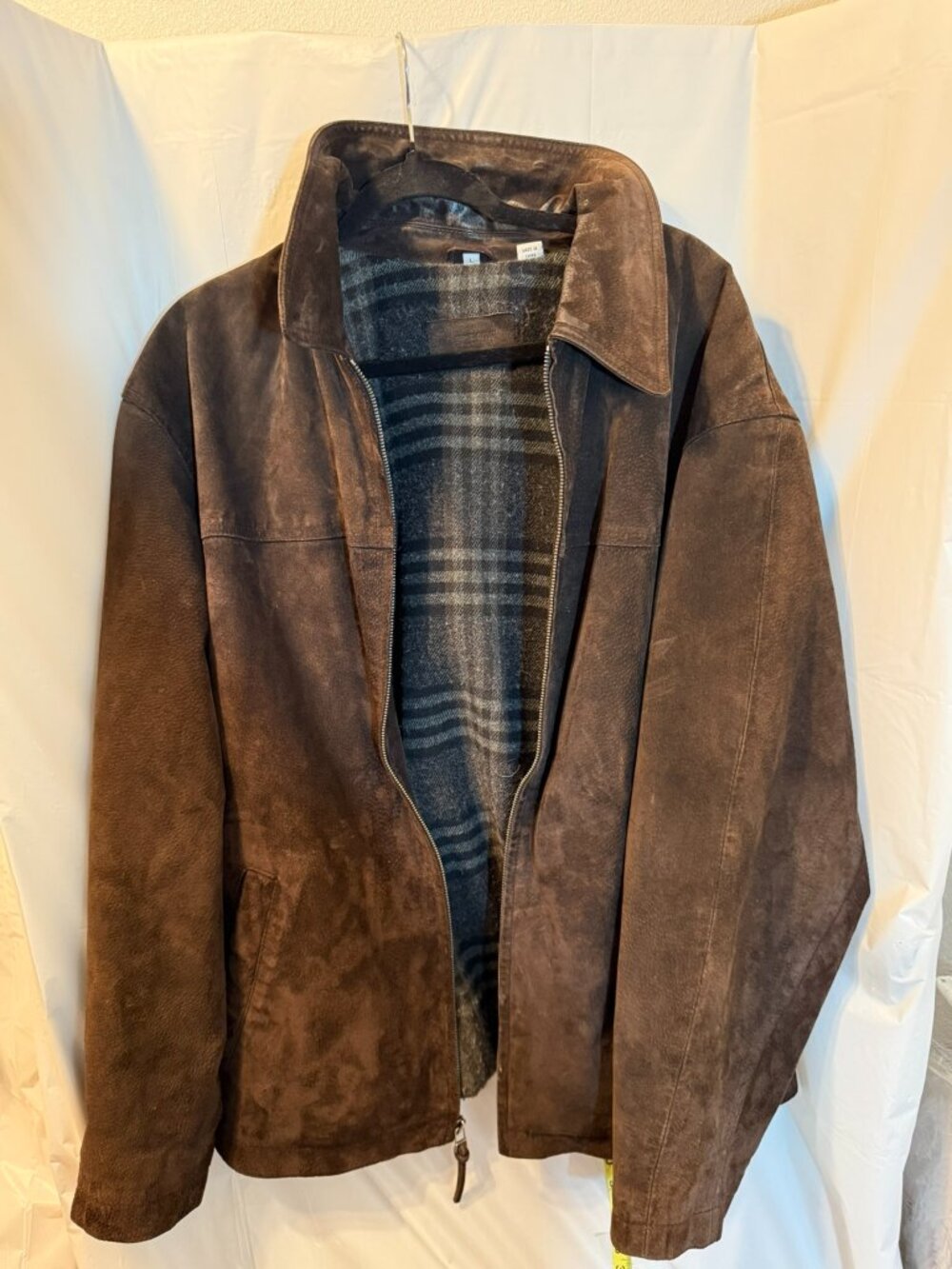 Savile Row Men L Brown Suede Genuine Leather Jacket Plaid Lined Full Zip